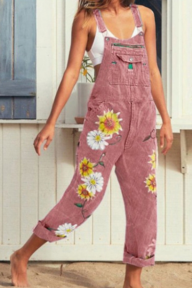 Womens Jeans Stylish Sunflower Pattern Full Length Relaxed Fit Denim Overalls
