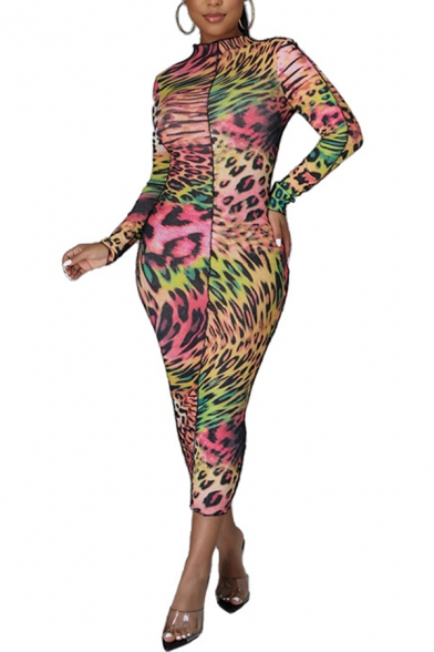 Basic Dress Womens Leopard Skin Dizzy Print Mesh Stand Collar Maxi Long Sleeve Slim Fit Pencil Dress