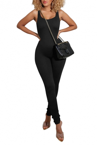 Classic Womens Jumpsuit Solid Color Backless Scoop Neck Skinny Fitted Sleeveless Jumpsuit