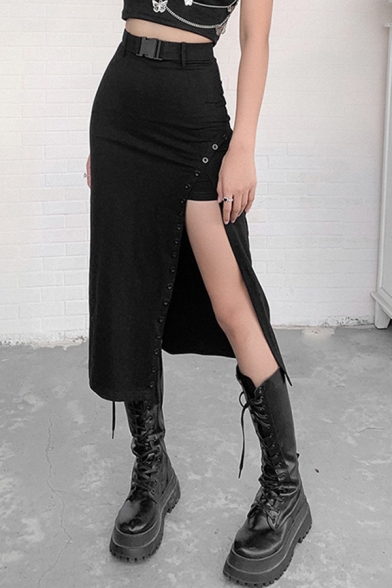 Fashionable Womens Skirt Belted High Waist Cut Out Black Mid A-line Skirt