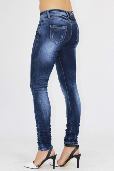 Leisure Womens Jeans Bleach Plain Mid Rise Ankle Skinny Jeans in Dark Blue