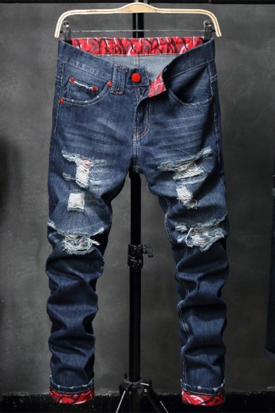 Men's Popular Fashion Printed Rolled Cuffs Dark Blue Ripped Jeans