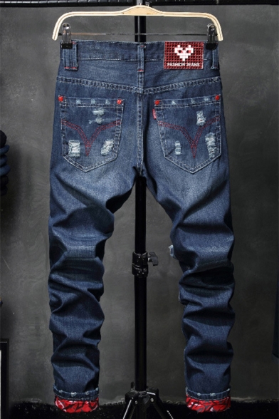 Men's Popular Fashion Printed Rolled Cuffs Dark Blue Ripped Jeans
