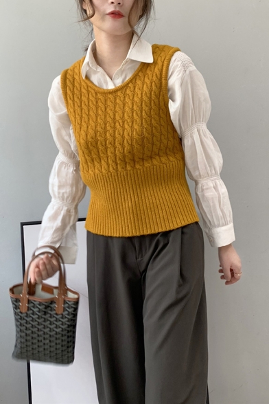 Simple Vest Cable Knitted Solid Color Crew Neck Relaxed Fit Vest for Women