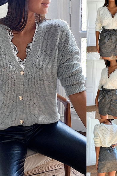 Trendy Womens Cardigan Lace Trim V Neck Button up Long Sleeve Loose Fit Cardigan
