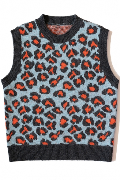 Trendy Womens Sweater Vest Leopard Skin Jacquard Contrast-Trim Sleeveless Round Neck Regular Fit Sweater Vest