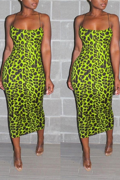 Womens Slip Dress Stylish Leopard Skin Print Spaghetti Strap Sleeveless Maxi Bodycon Dress