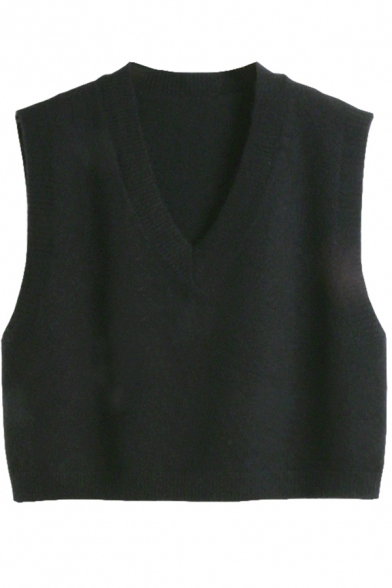 Womens Sweater Vest Stylish Solid Color Cropped V Neck Sleeveless Loose Fit Sweater Vest