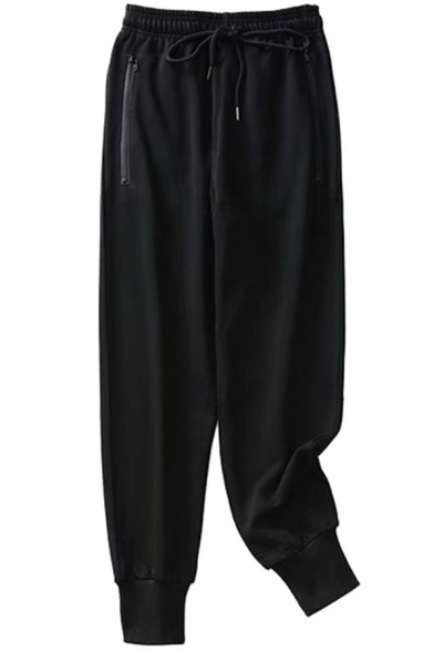 Basic Jogger Pants Womens Plain Color Zip-Pocket Drawstring Waist Cuffed Long Harem Pants