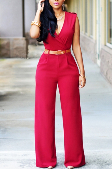 Chic Womens Jumpsuit Plain Color Belted High Rise Slim Fitted Sleeveless Deep V Neck Wide Leg Jumpsuit