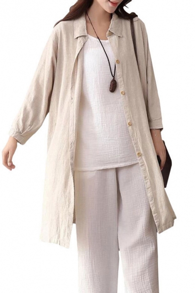 Fancy Girls Shirt Plain Long Sleeve Spread Collar Button Up Longline Relaxed Shirt in Apricot