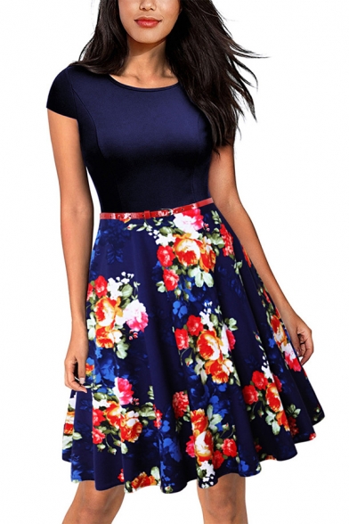 Fashion Dress Flower Printed Short Sleeve Crew Neck Belter Midi Pleated A-line Dress for Women
