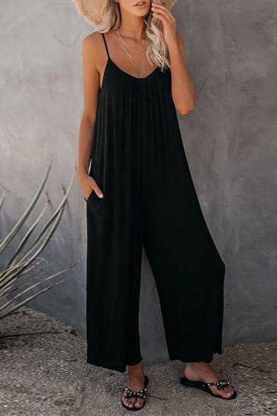 Fashionable Womens Jumpsuit Solid Color Sleeveless Spaghetti Strap Wide Leg Loose Fitted Jumpsuit