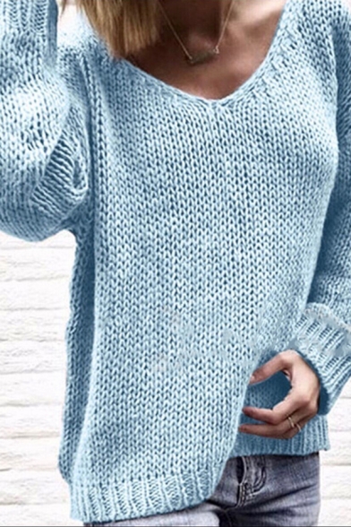 Fashionable Womens Sweater Solid Color Long Sleeve Relaxed Fit V Neck Sweater