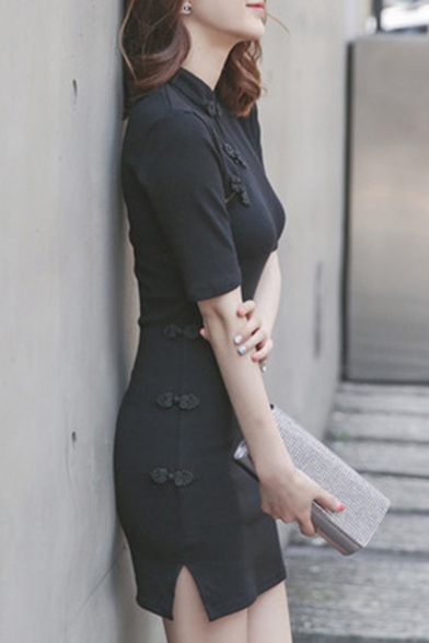 Ladies Sexy Dress Plain Frog Button Short Sleeve Mandarin Collar Slit Side Mini Sheath Dress in Black