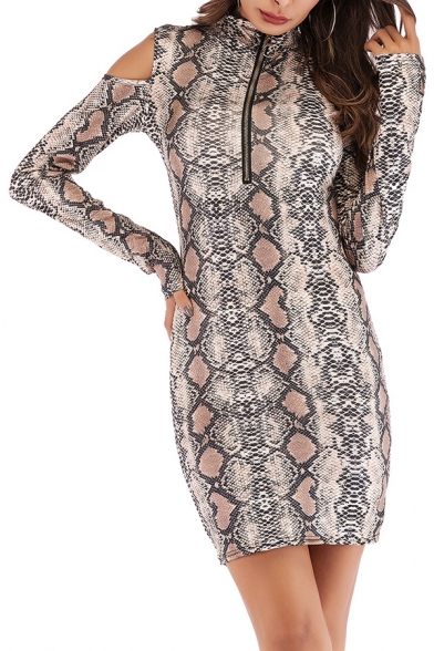 Sexy Womens Dress Snake Leopard Print Long Sleeve Cold Shoulder Mini Fitted Dress in Khaki