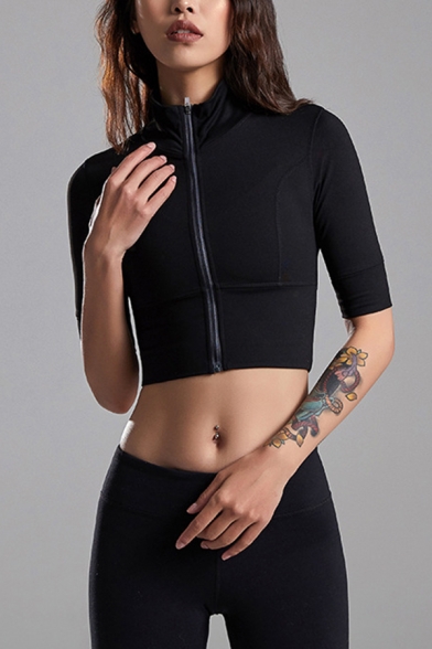 Sports Womens Jacket Plain Zipper up Cropped Mock Neck Half Sleeve Skinny Fit Yoga Jacket