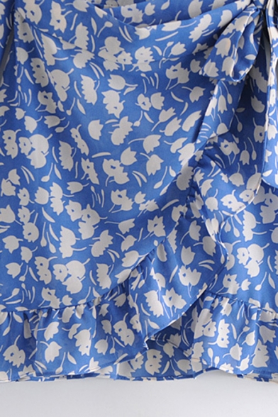 Stylish Womens Dress Ditsy Flower Pattern Long Sleeve Crew Neck Tied Waist Ruffled Mini Wrap Dress in Blue