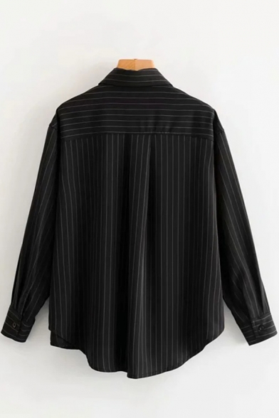 Trendy Womens Shirt Pinstripe Pattern Curved Hem Oversize Long Sleeve Spread Collar Shirt