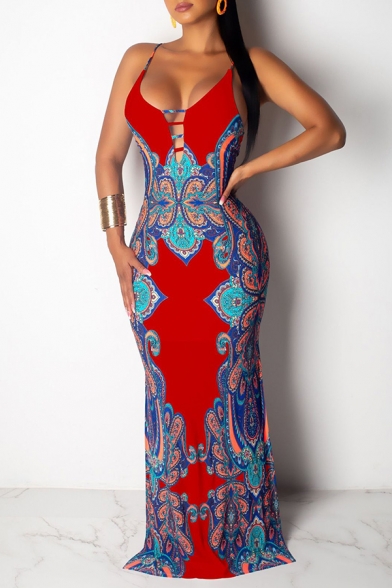 Womens African Dress Floral Printed Deep V-neck Hollow Oout Long Shift Cami Dress
