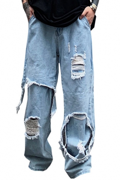 Womens Street Jeans Plain Distressed Mid Rise Long Length Wide-leg Jeans