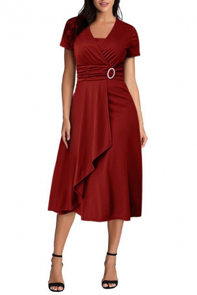 Womens Trendy Dress Plain Short Sleeve Surplice Neck Belted Waist Mid Wrap Dress