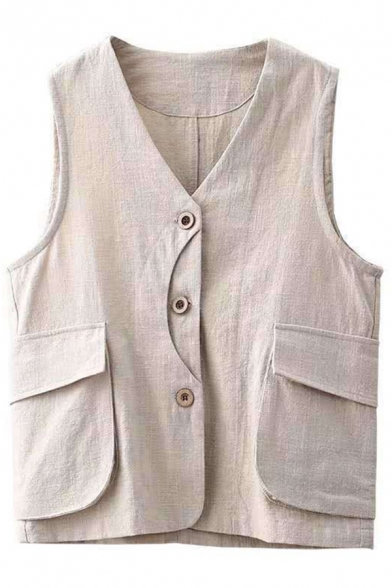 Basic Womens Vest Side Flap Pockets Cotton Linen Button down Slim Fitted V Neck Sleeveless Vest