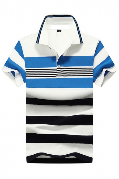 Chic Mens Polo Shirt Color Block Stripe Pattern Turn-down Collar Button Detail Short Sleeve Regular Fit Polo Shirt
