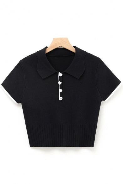 Chic Womens Sweater Contrast-Cuff Doll Collar Short Sleeve Slim Fitted Sweater