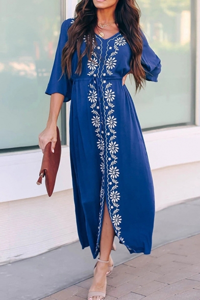 Classic Womens Dress Floral Embroidered Cover-up Loose Fit 3/4 Sleeve Maxi V Neck Beach Dress