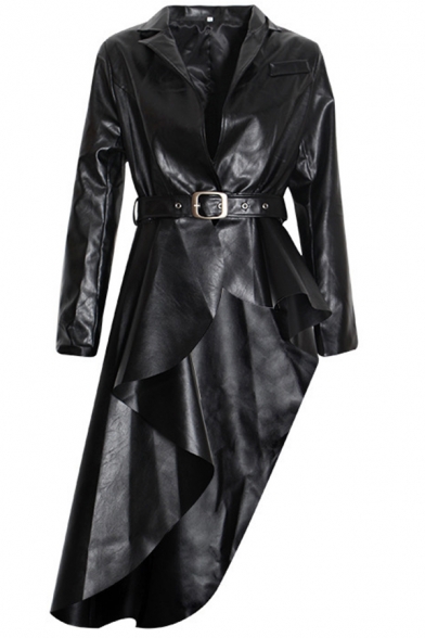 Cool Womens Jacket Plain Leather Long Sleeve Notched Collar Belted Irregular Hem Slim Fit Jacket