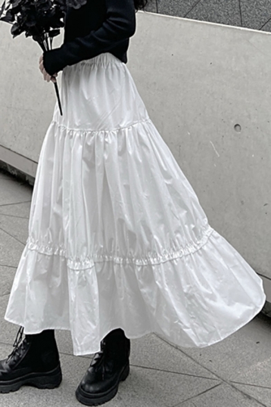 Cute Womens Skirt Plain Elastic Waist Ruffled Hem Mid Pleated A-line Skirt