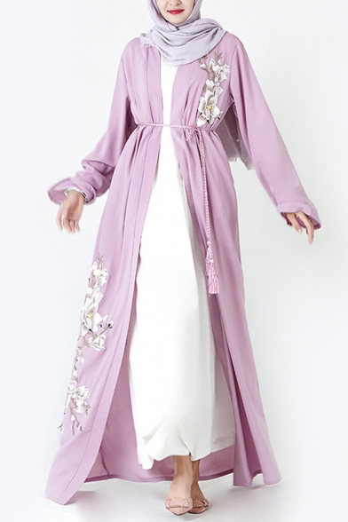 Ethnic Womens Coat Flower Print Long Sleeve Tied Waist Maxi Oversize Coat