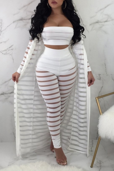 Fashionable Womens Three Pieces Lace Strapless Bandeau High Rise Pencil Pants Open Front Maxi Long Sleeve Coat Set