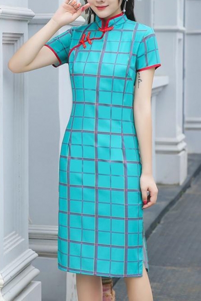 Ladies Pretty Dress Checkered Print Frog Button Short Sleeve Mandarin Collar Mid Shift Dress