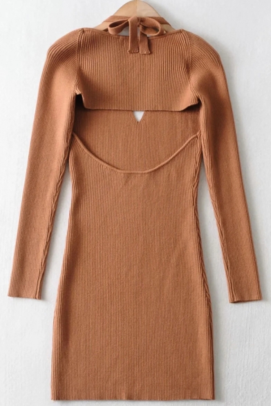 Pretty Womens Dress Solid Color Long Sleeve Halter Cut Out Mini Fitted Dress