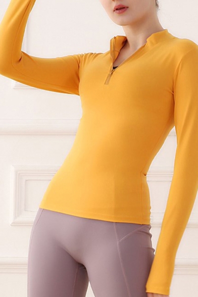 Sports Womens T-Shirt Solid Color Quick Dry Skinny Fit Long Sleeve Zipper Collar Yoga Tee Jacket