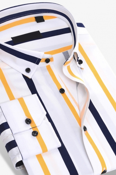 Trendy Guys Shirt Stripe Patterned Long Sleeve Turn Down Collar Button Up Regular Fit Shirt Top