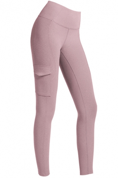 Womens Leggings Fitness Plain Color Butt Lifting Quick Dry Flap Pockets High Rise Skinny Fit 7/8 Length Yoga Leggings