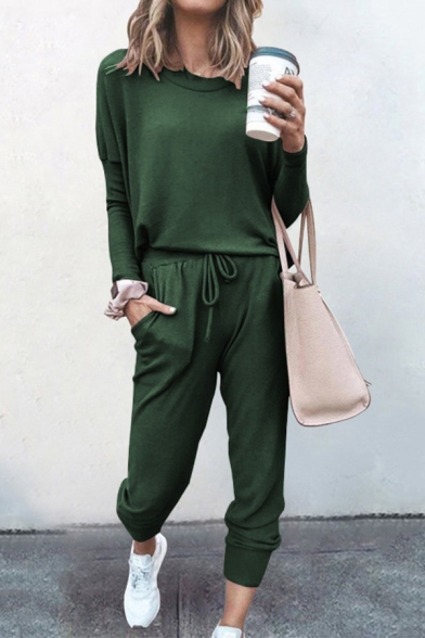 Basic Co-ord Womens Solid Color Long Sleeve Round Neck T-Shirt Loose Fitted Drawstring Waist Tapered Pants Set
