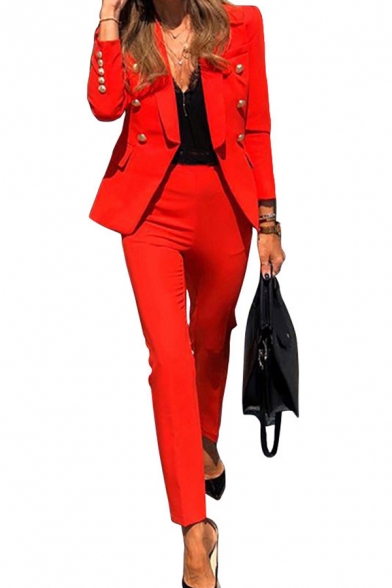 Basic Suit Co-ord Womens Solid Color Metal Button Design Slim Long Sleeve Jacket Ankle Length Pencil Pants Set