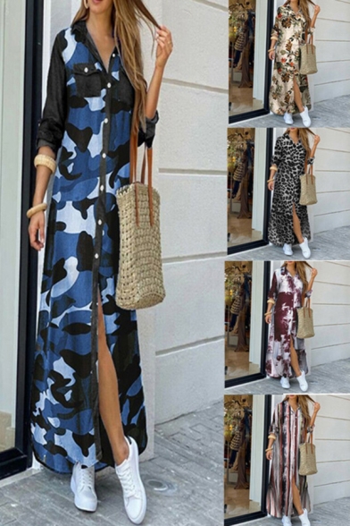 Classic Womens Dress Leopard Skin Floral Camo Stripe Pattern Long Sleeve Oversize Turn down Collar Maxi Shirt Dress