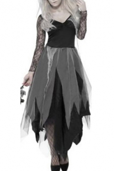Cool Womens Dress Lace Patchwork Split Detail Vampire Bride Costume Slim Fit Long Sleeve Maxi Dress