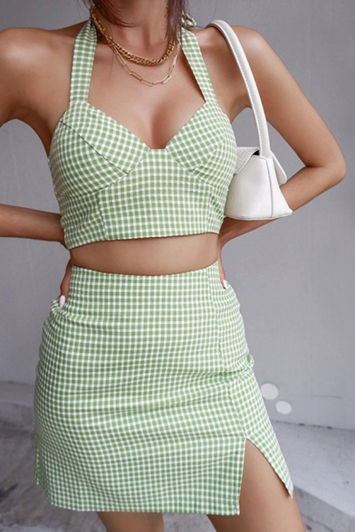 Fancy Womens Set Checkered Print Halter Fit Crop Tank & Mini Sheath Skirt Set in Green
