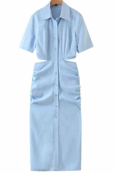 Fashionable Womens Dress Plain Color Cut-out Side Ruched Button up Turn down Collar Midi Short Sleeve Shirt Dress