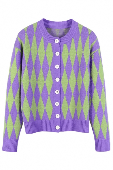 Girls' Fashion Cozy Long Sleeve Crew Neck Button Down Purl-Knit Loose Fit Argyle Cardigan in Purple