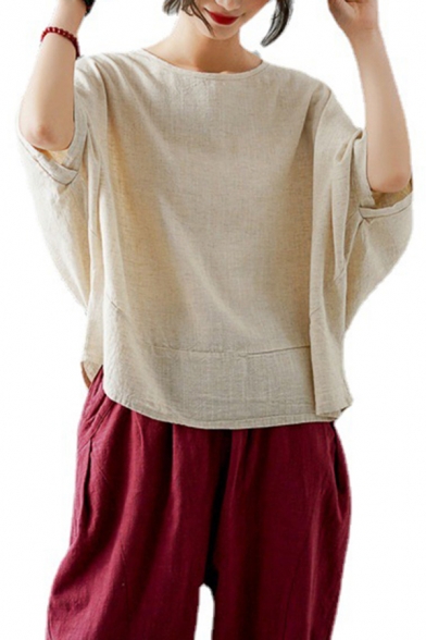Ladies Basic T-shirt Solid Color 3/4 Sleeve Round Neck Linen and Cotton Loose Tee Top