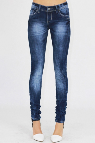 Leisure Womens Jeans Bleach Plain Mid Rise Ankle Skinny Jeans in Dark Blue