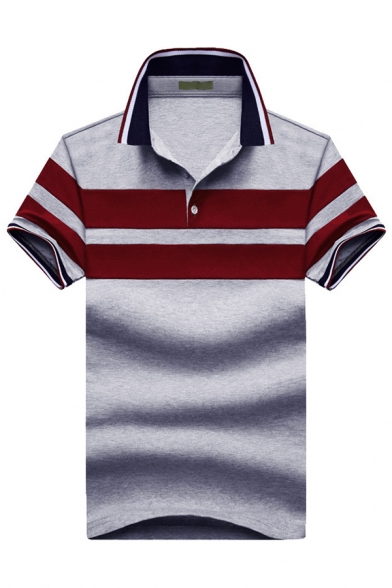 Men Fashion Striped Short Sleeve Turn-Down Collar Regular-Fit Polo T-Shirt