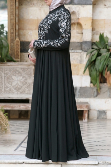 Trendy Womens Dress Floral Pattern Floor Length Stand Collar Oversize Long Sleeve Muslim Robe
